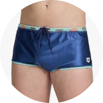 Men's swim trunks with a blue body and colorful trim, featuring a drawstring waist for adjustable fit. Ideal for competitive swimming or casual beachwear.