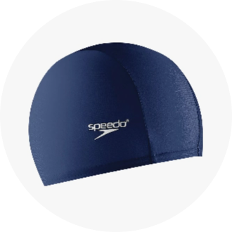 Navy blue swim cap with a sleek design, featuring the Speedo logo in white. Ideal for competitive and recreational swimming, providing a comfortable and secure fit.