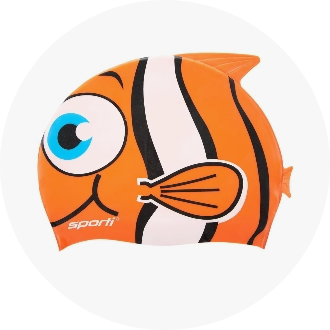 Orange and white clownfish-themed swim cap with a playful fish design, featuring large blue eyes and black stripes. Ideal for swimmers looking for fun and functional swim accessories.