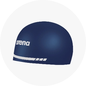 Navy blue swim cap with a white stripe and logo, designed for competitive swimming. Durable and comfortable, ideal for reducing drag in the water.