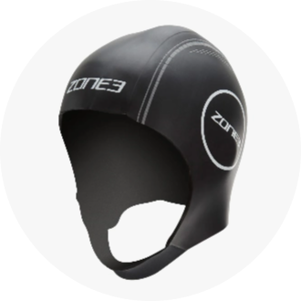 Black neoprene swim cap with chin strap for open water swimming. Features "Zone3" branding on the sides. Ideal for thermal protection in cold water.